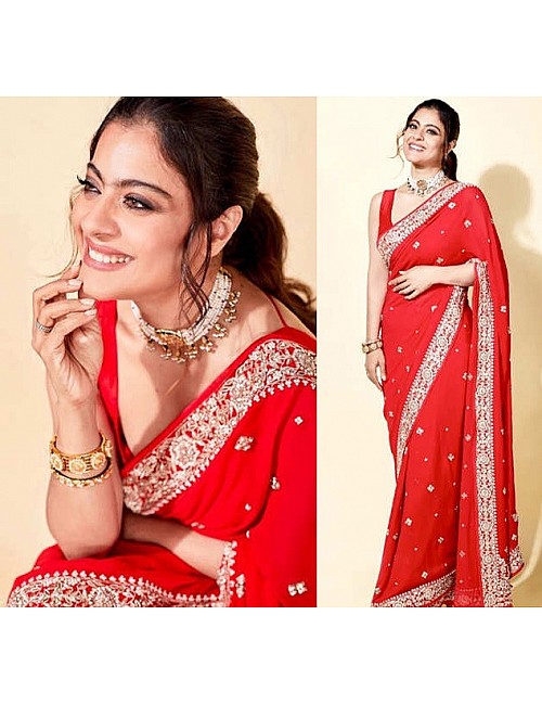 Red georgette embroidered partywear saree