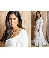 White georgette chain stitch embroidered long gown with dupatta