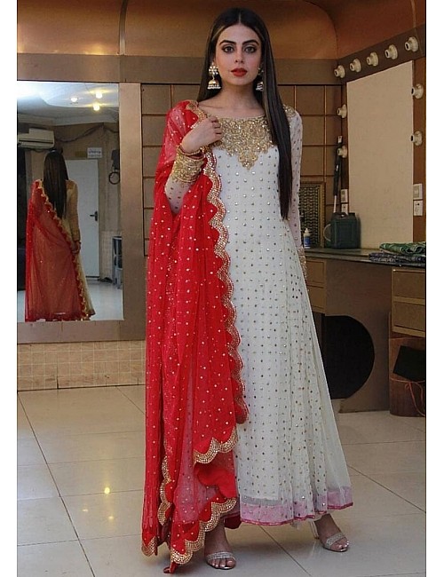 White georgette fancy thread and foil printed gown with dupatta