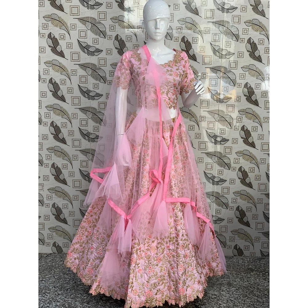 Baby pink ruby silk designer embroidered wedding lehenga