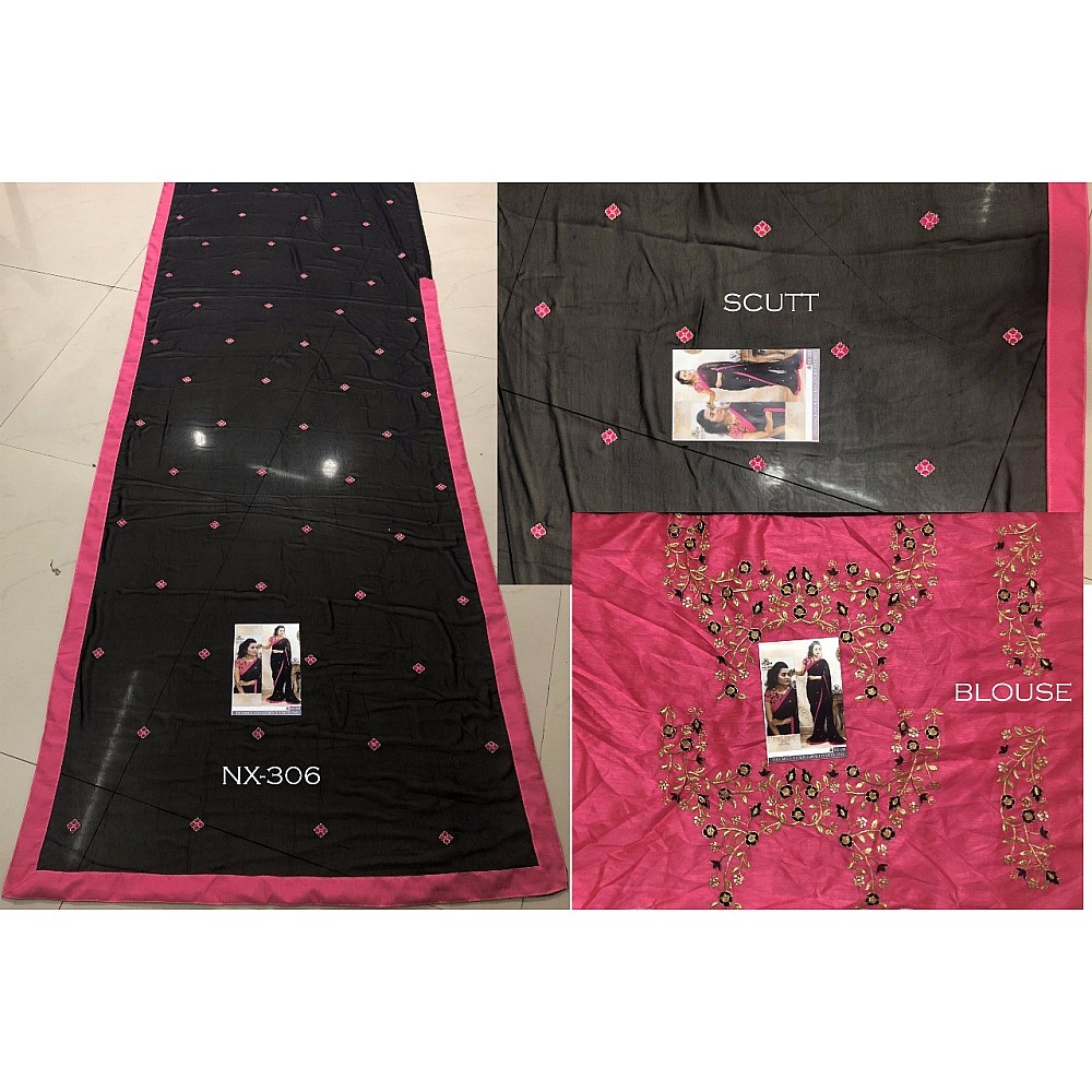 Black georgette pink border embroidered partywear saree