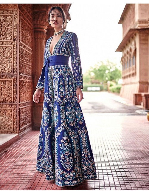 Blue tapeta silk heavy embroidered gown