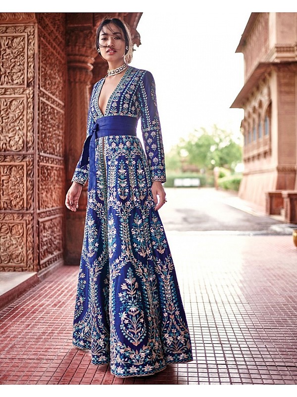 Sareetag Blue Designer Party Wear Readymade Soft Tapeta Silk Gown  Sareetag