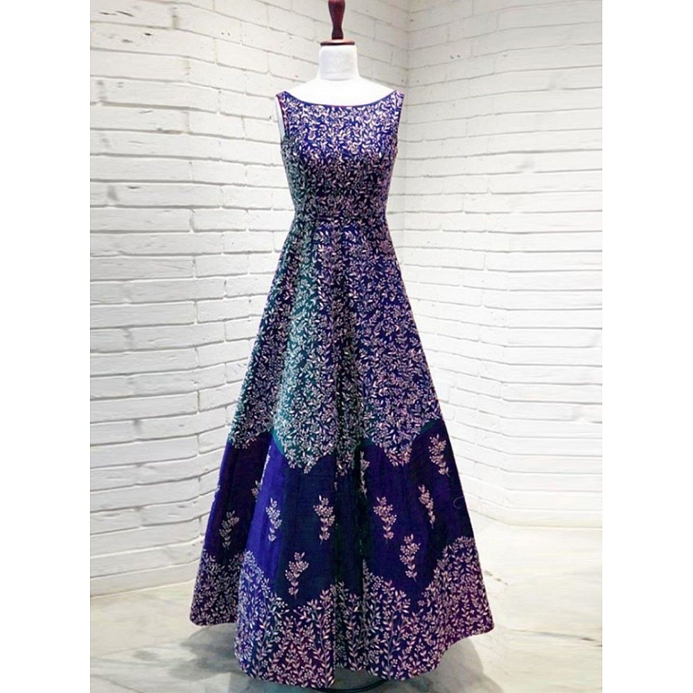 blue tapeta silk heavy embroidered wedding wear gown