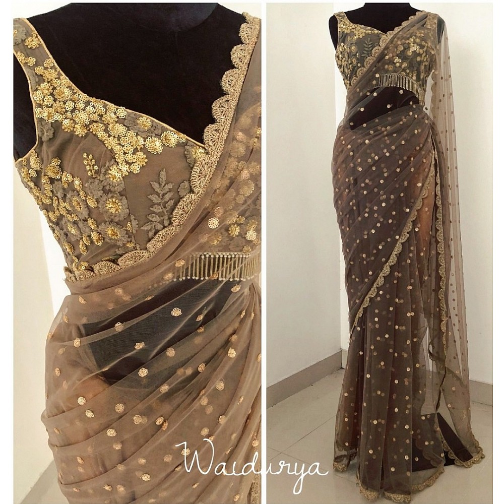 brown mono net embroidered designer wedding saree