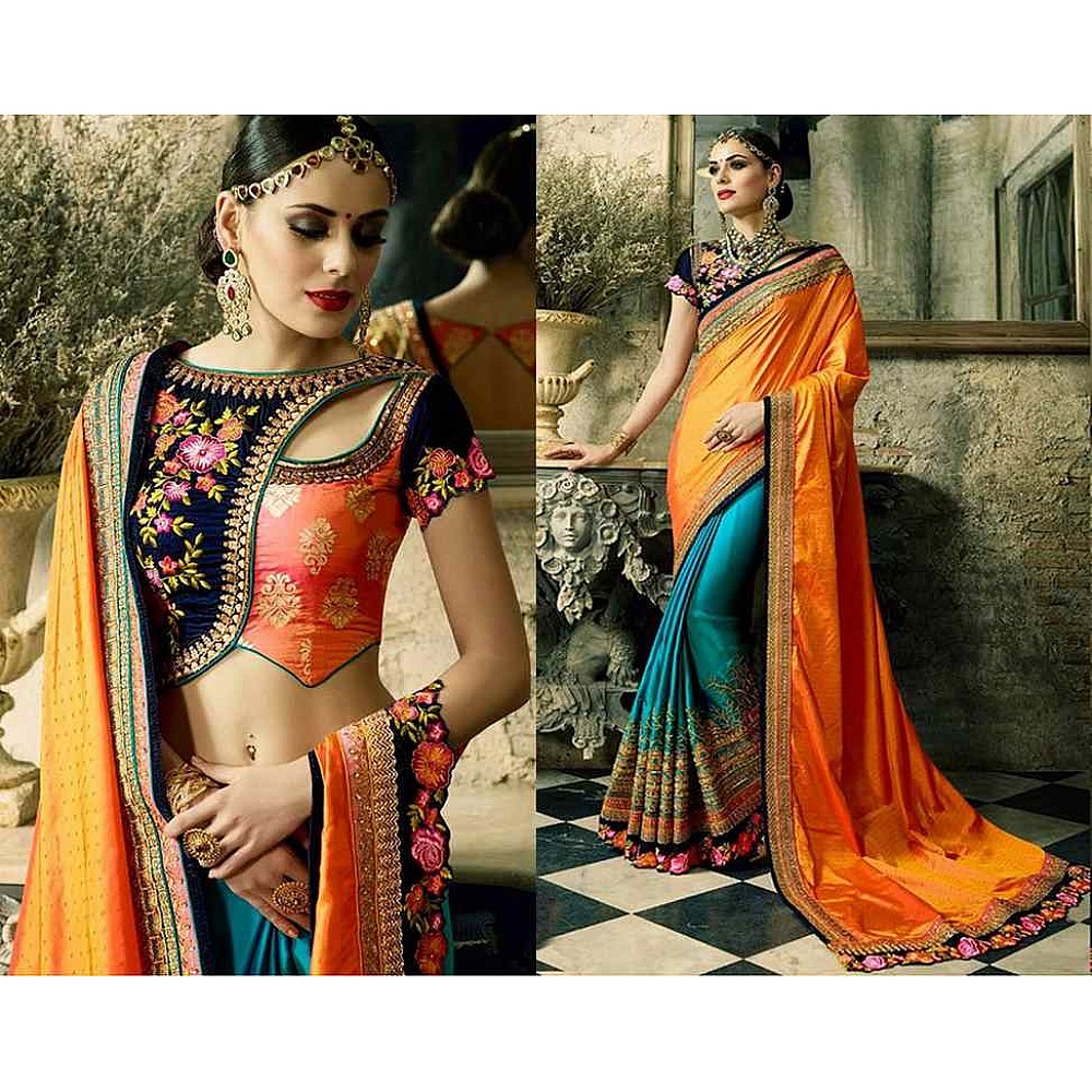 Designer orange and rama embroidered wedding saree