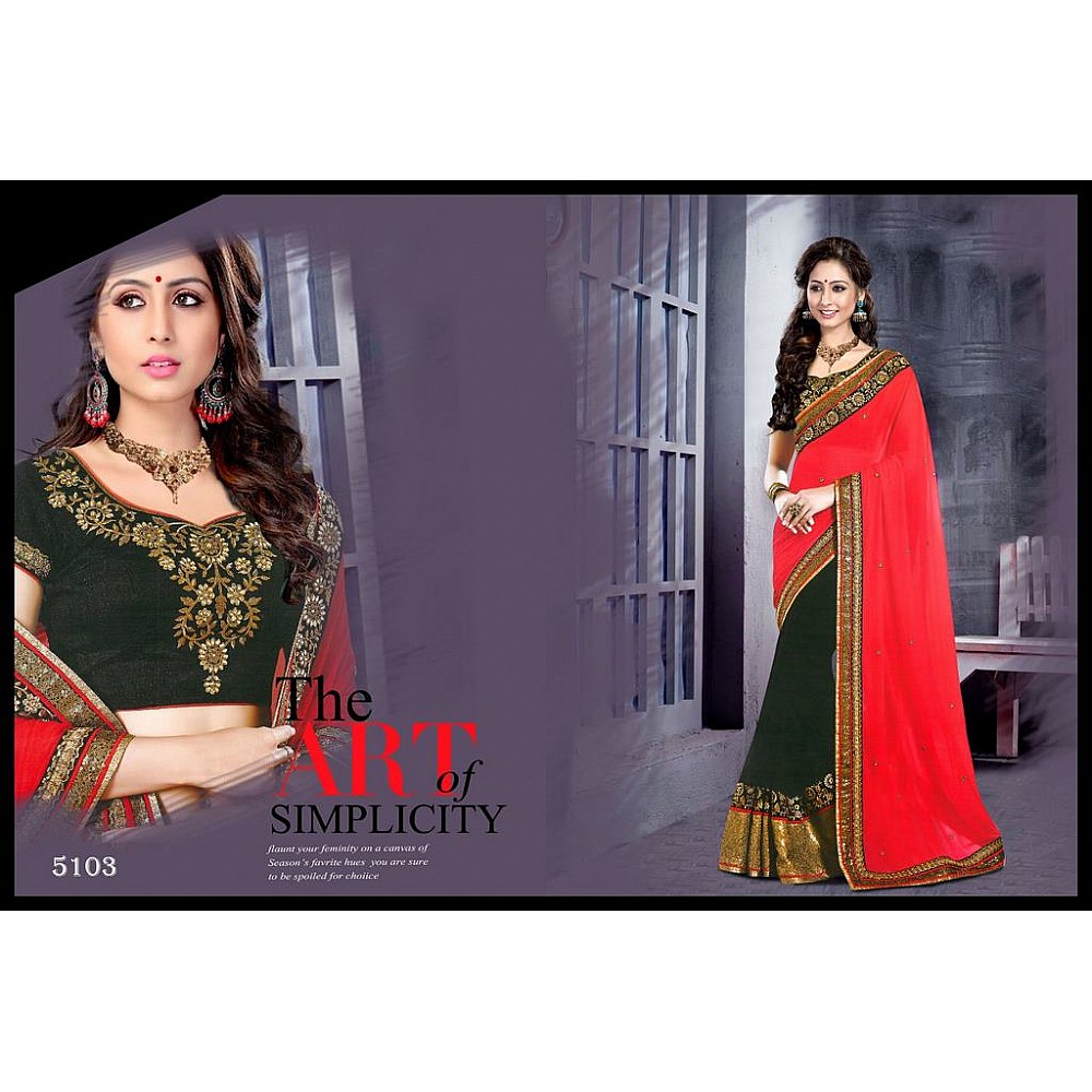Designer stylist red and black embroidered saree