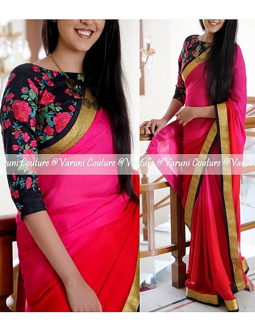 pink and red georgette padding partywear saree with floral printed blouse