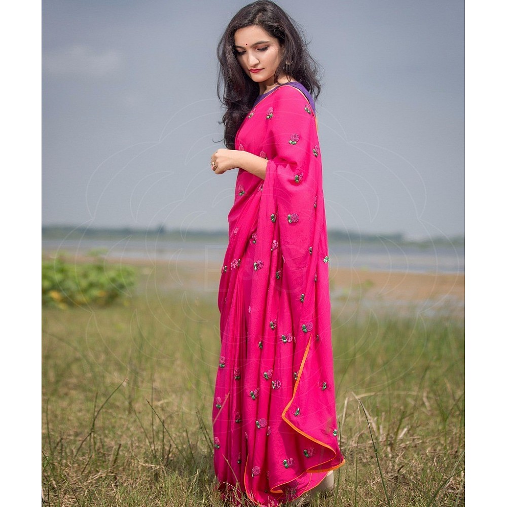 pink rangoli georgette silk embroidered partywear saree
