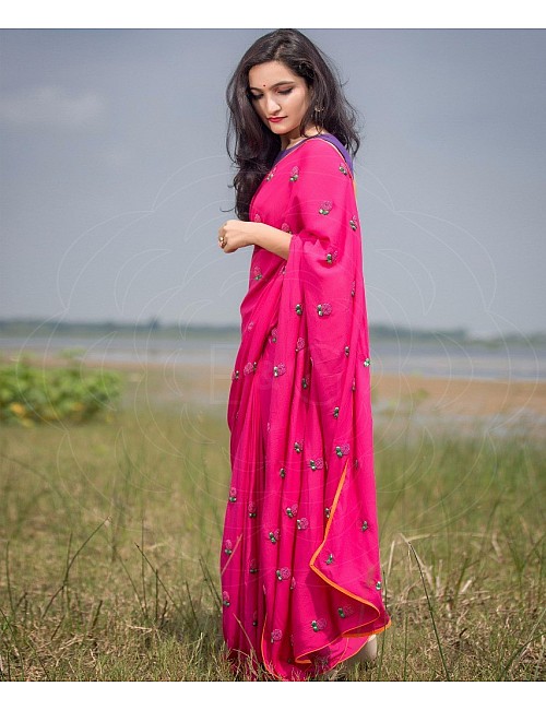 pink rangoli georgette silk embroidered partywear saree