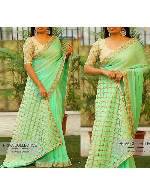 Pista green marbal silk heavy embroidered wedding saree
