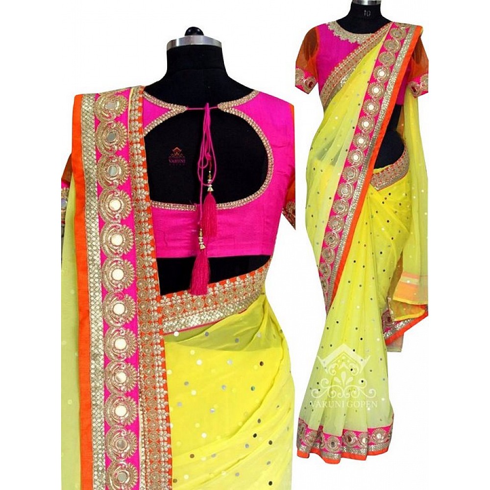 pretty look gorgeous yellow embroidered saree