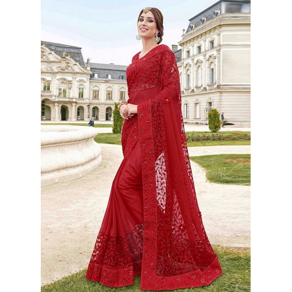 Red blooming georgette heavy embroidered partywear saree