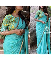 sky blue georgette partywear saree with embroidered blouse