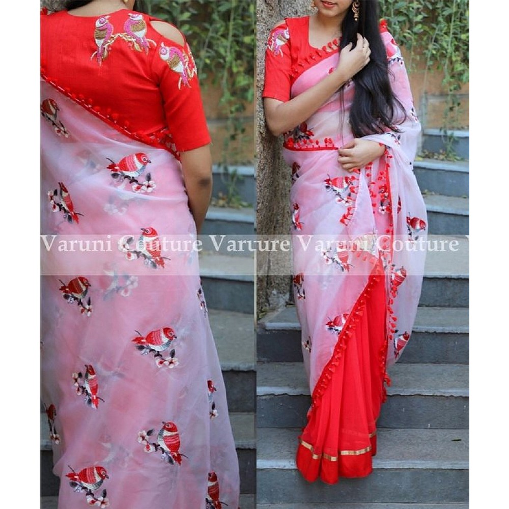 White and red georgtte sparrow embroidered saree