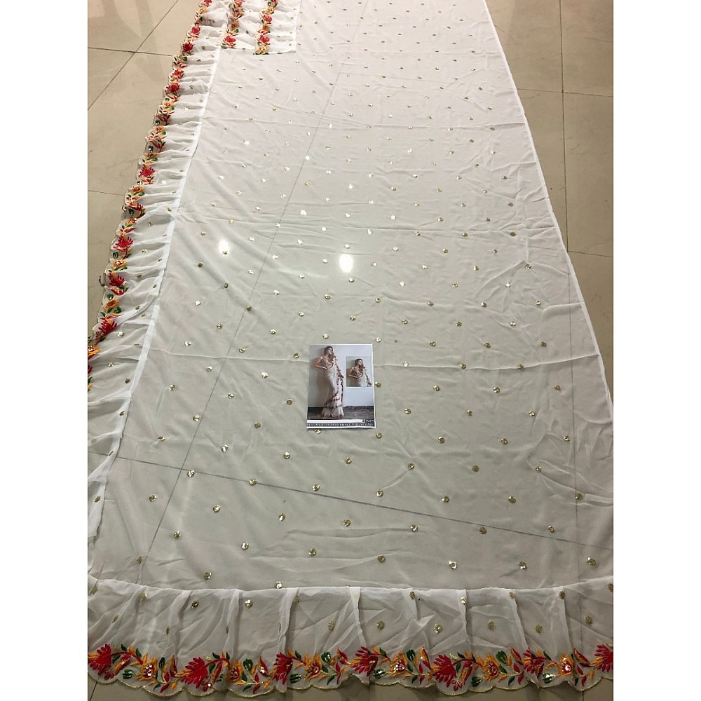white multi threadwork embroidered ceremonial ruffle saree