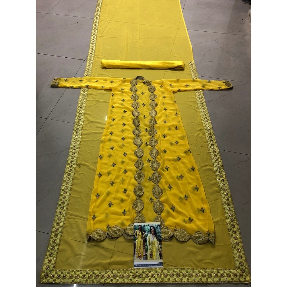 yellow georgette bollywood indowestern saree with shrug