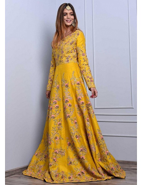 yellow heavy banglori silk embroidered wedding gown