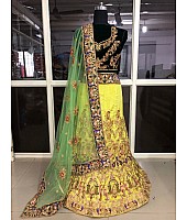 yellow naylon silk heavy designer embroidered bridal wedding lehenga