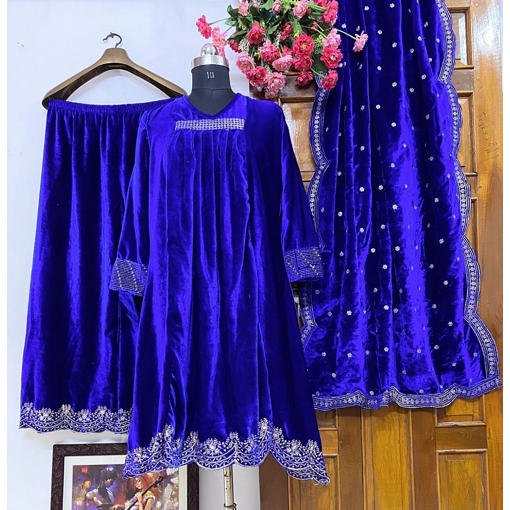 Blue heavy velvet embroidered work designer plazzo suit