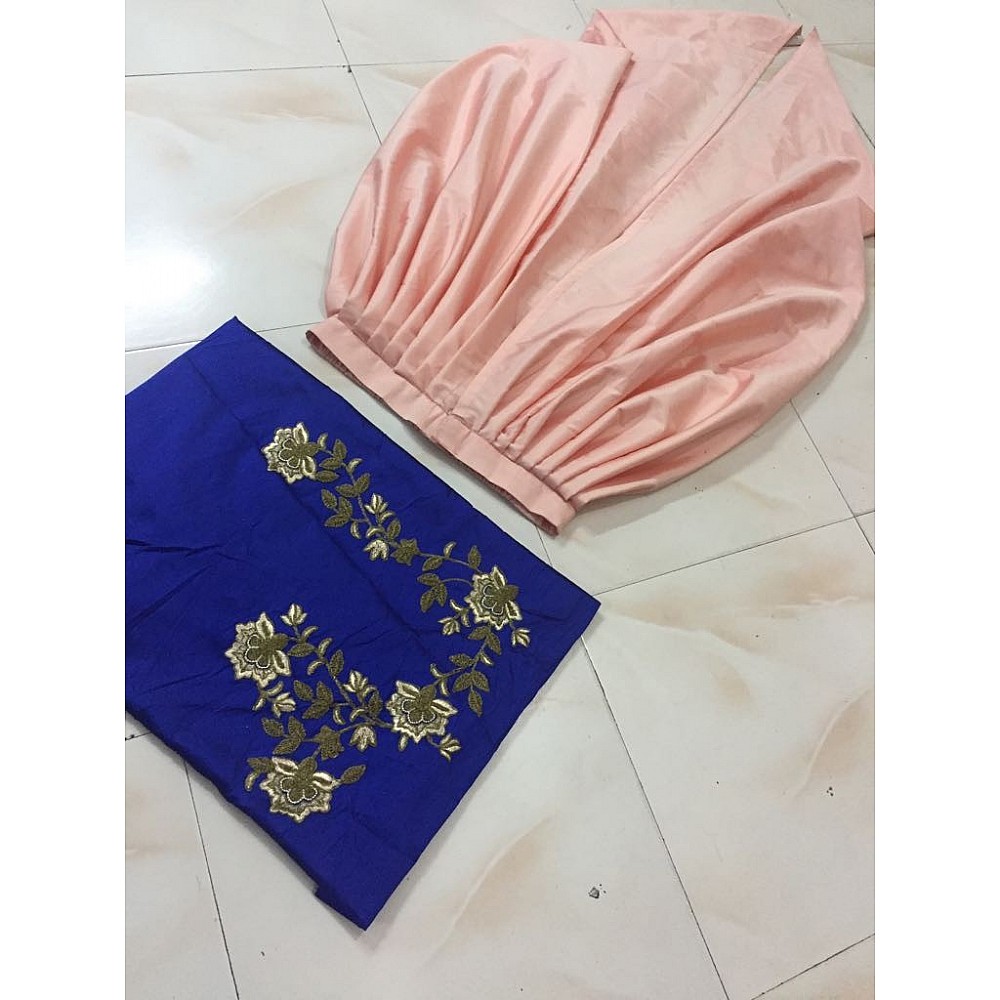 Fabulous peach dhoti and blue embroidered top suit