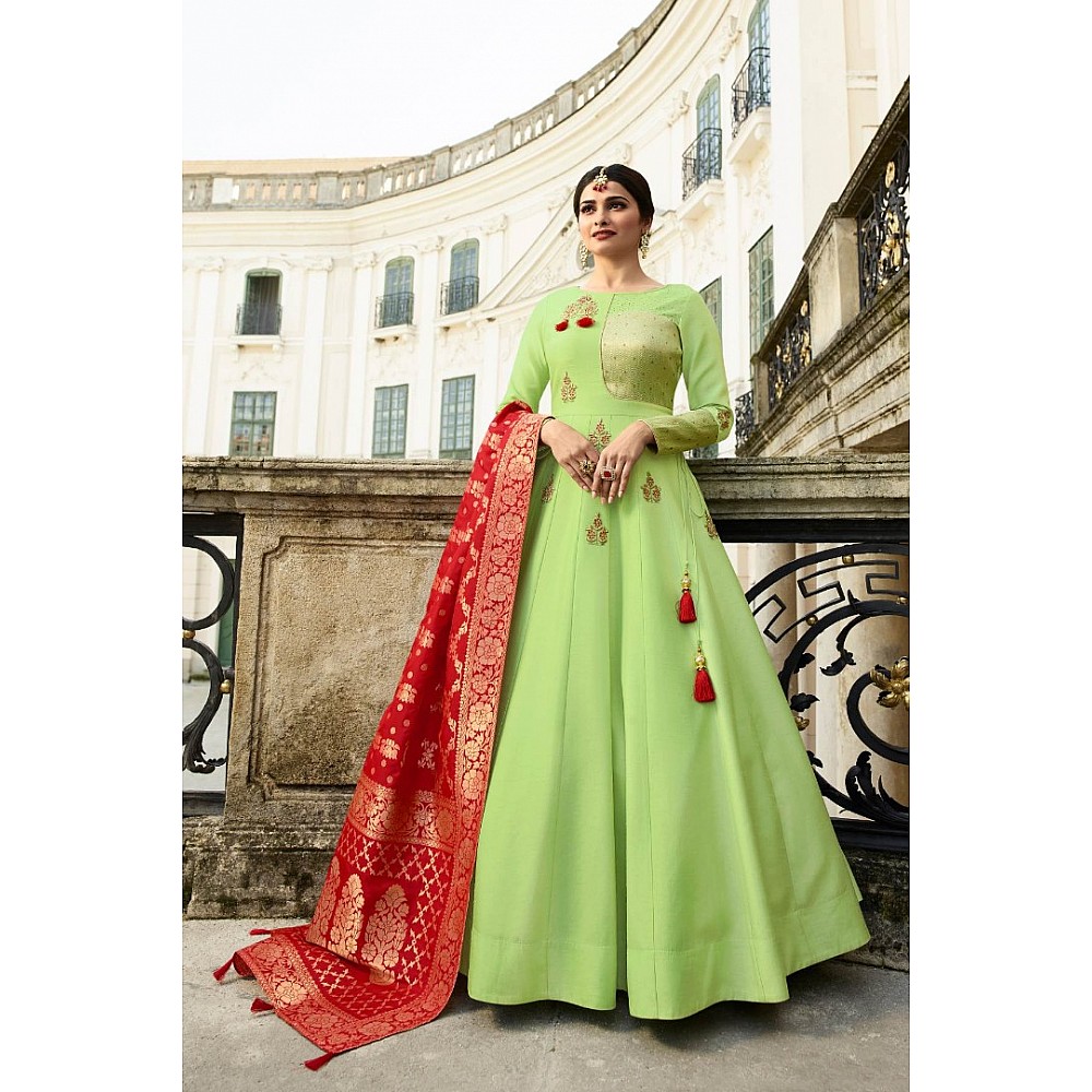 Light green art silk gown with pure banarasi silk dupatta