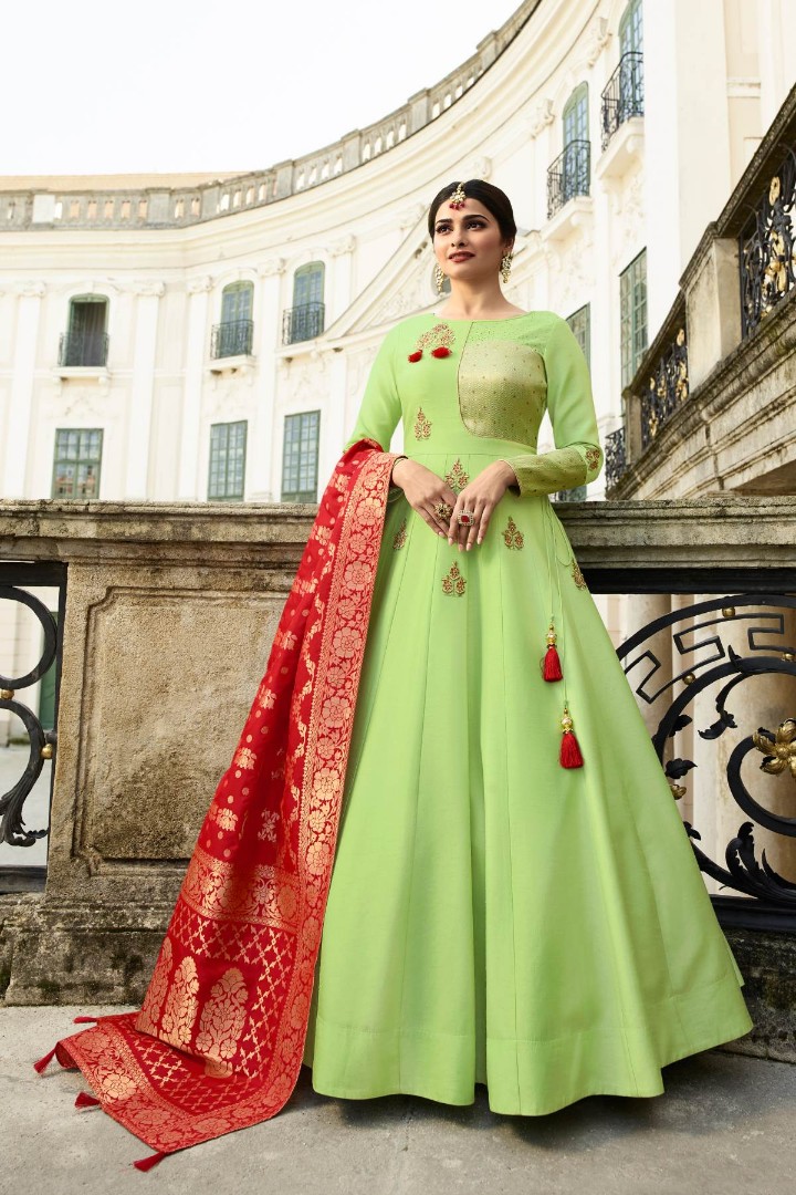 Buy Party Wear Pista Green Hand Work Silk Gown With Dupatta Online From  Surat Wholesale Shop