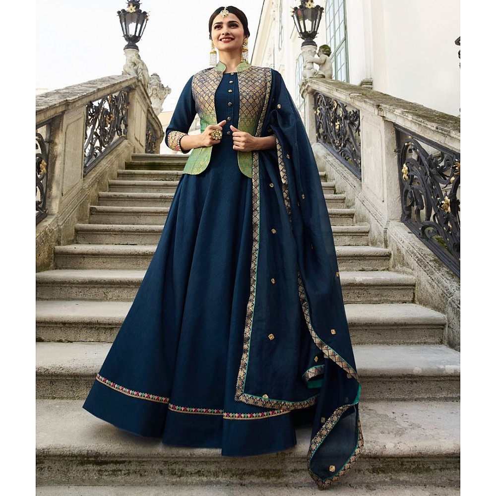 navy Blue art silk long gown with jacquard jacket