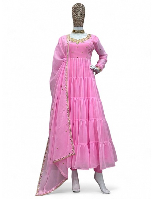 Baby pink georgette thread sequence work heavy flair party wear gown