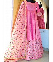 Baby pink banglory satin embroidered long gown with dupatta