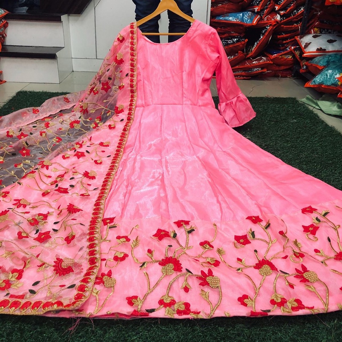 Gown : Baby pink banglory satin embroidered long gown with ...