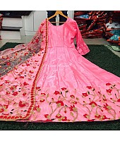 Baby pink banglory satin embroidered long gown with dupatta