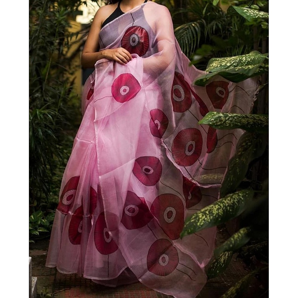 Baby pink digital printed organza saree