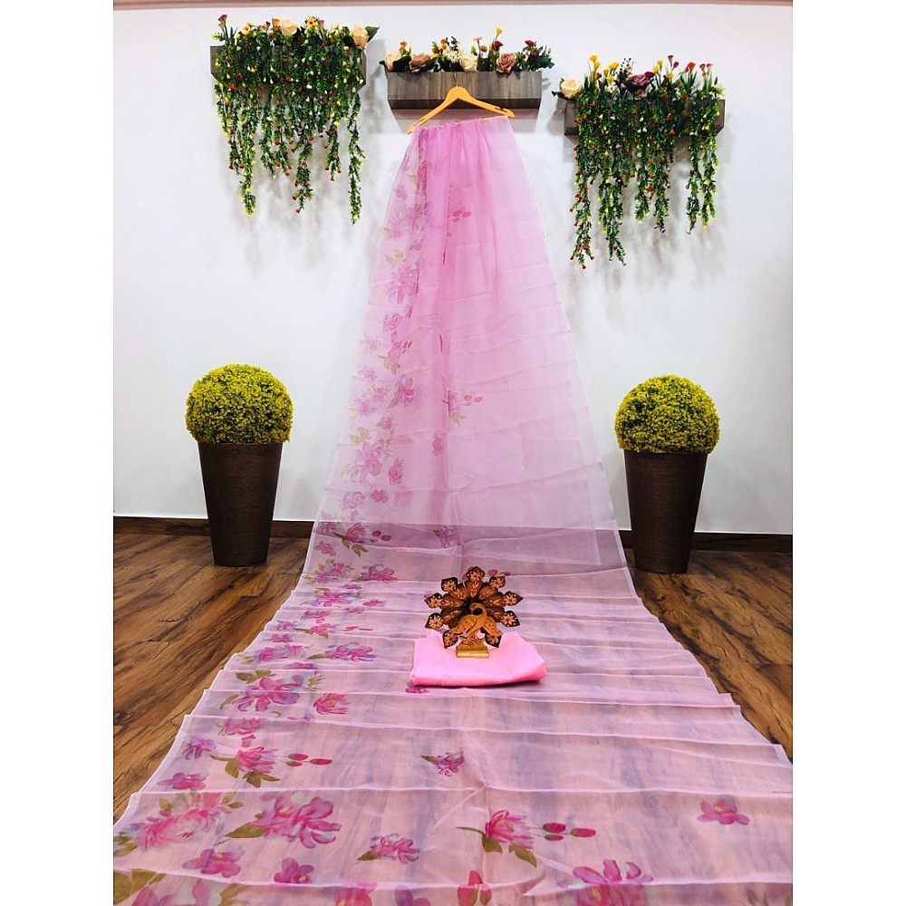 Baby pink floral printed organza saree