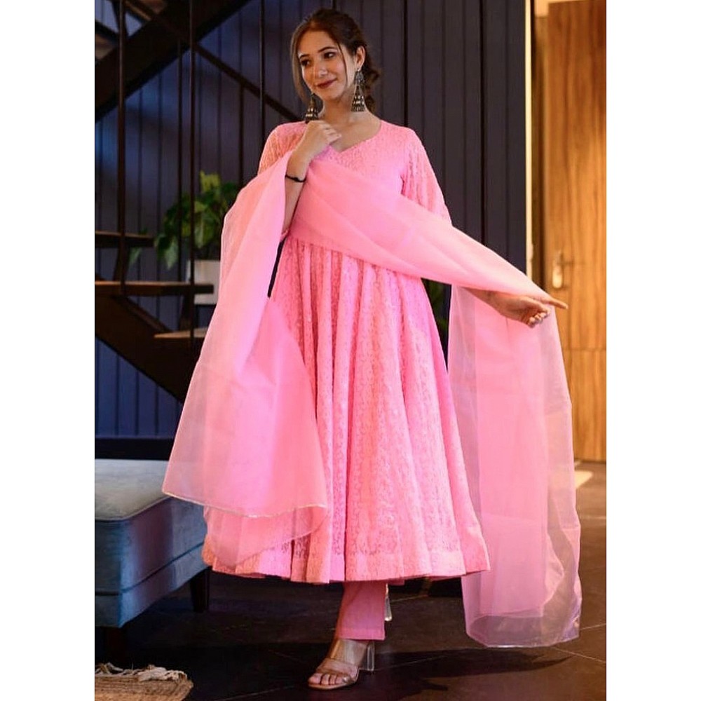 Baby pink georgette heavy embroidered anarkali suit