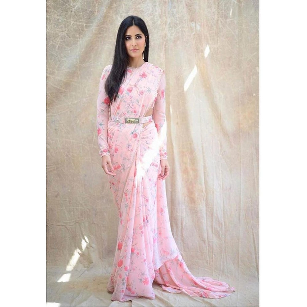Baby pink gorgeous floral digital printed stylist saree
