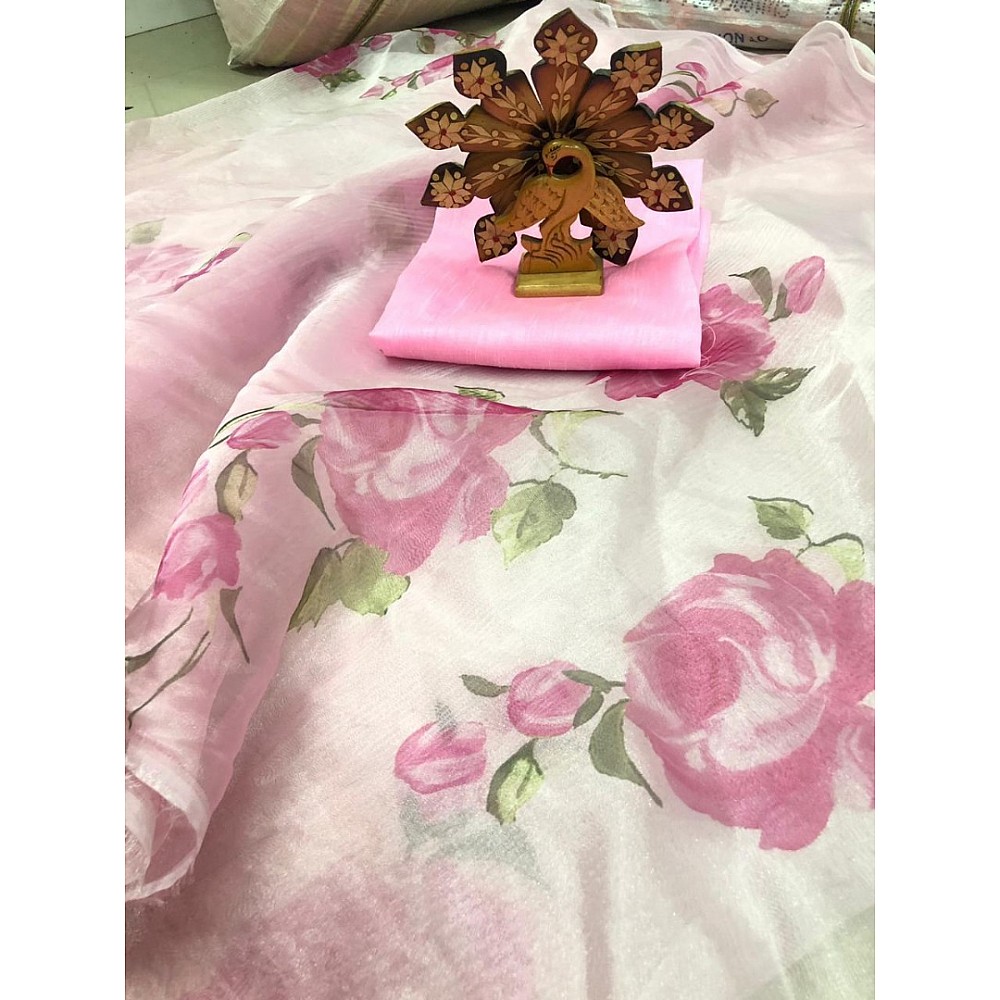 Baby pink organza silk floral printed saree