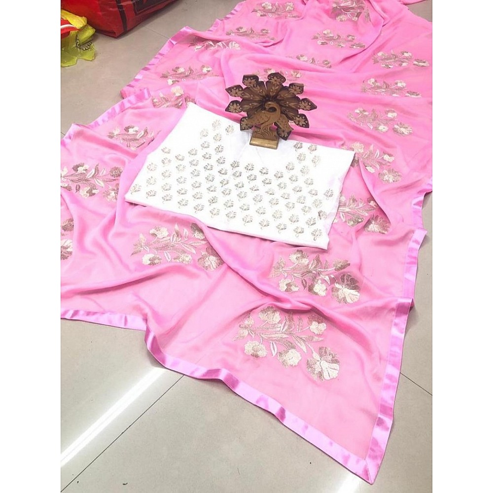 Baby pink rangoli silk thread embroidered saree
