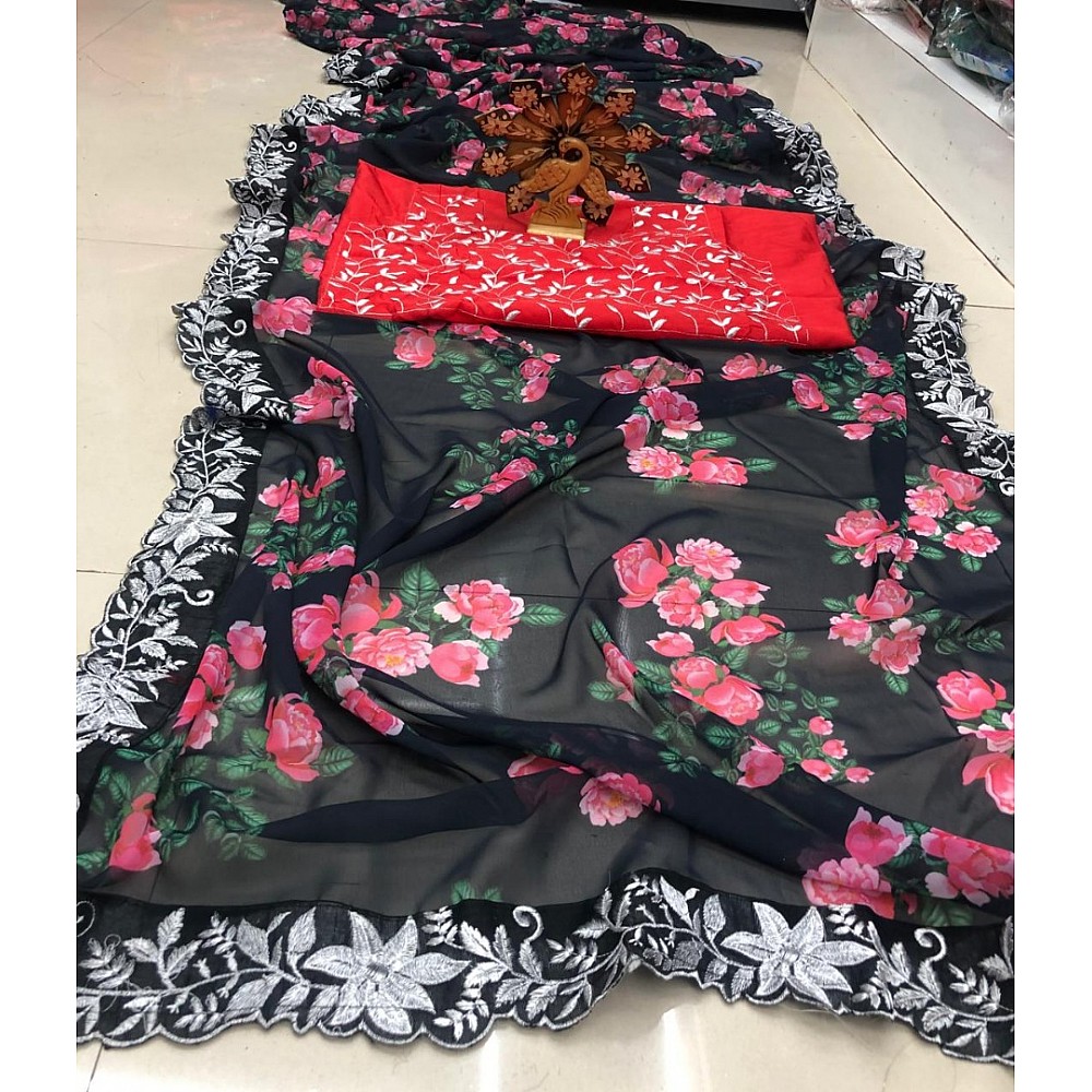 Black georgette floral printed embroidery border saree
