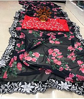 Black georgette floral printed embroidery border saree