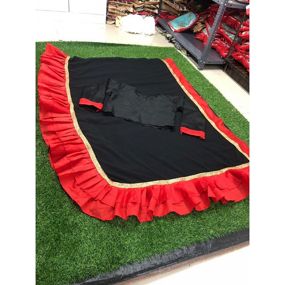 Black georgette partywear red ruffle saree