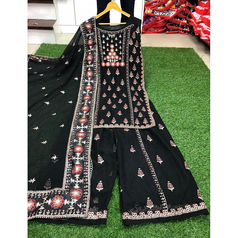 Black georgette thread embroidered plazzo salwar suit