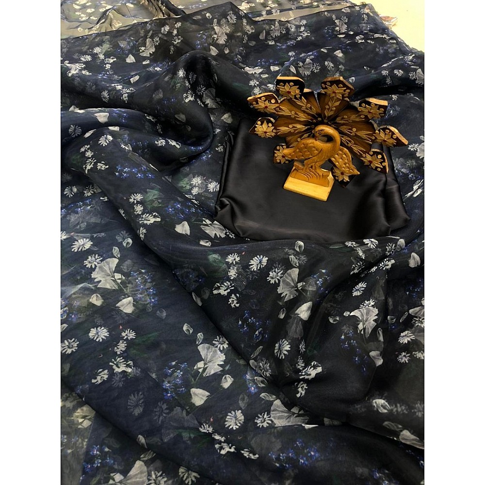 Black organza silk floral printed designer saree
