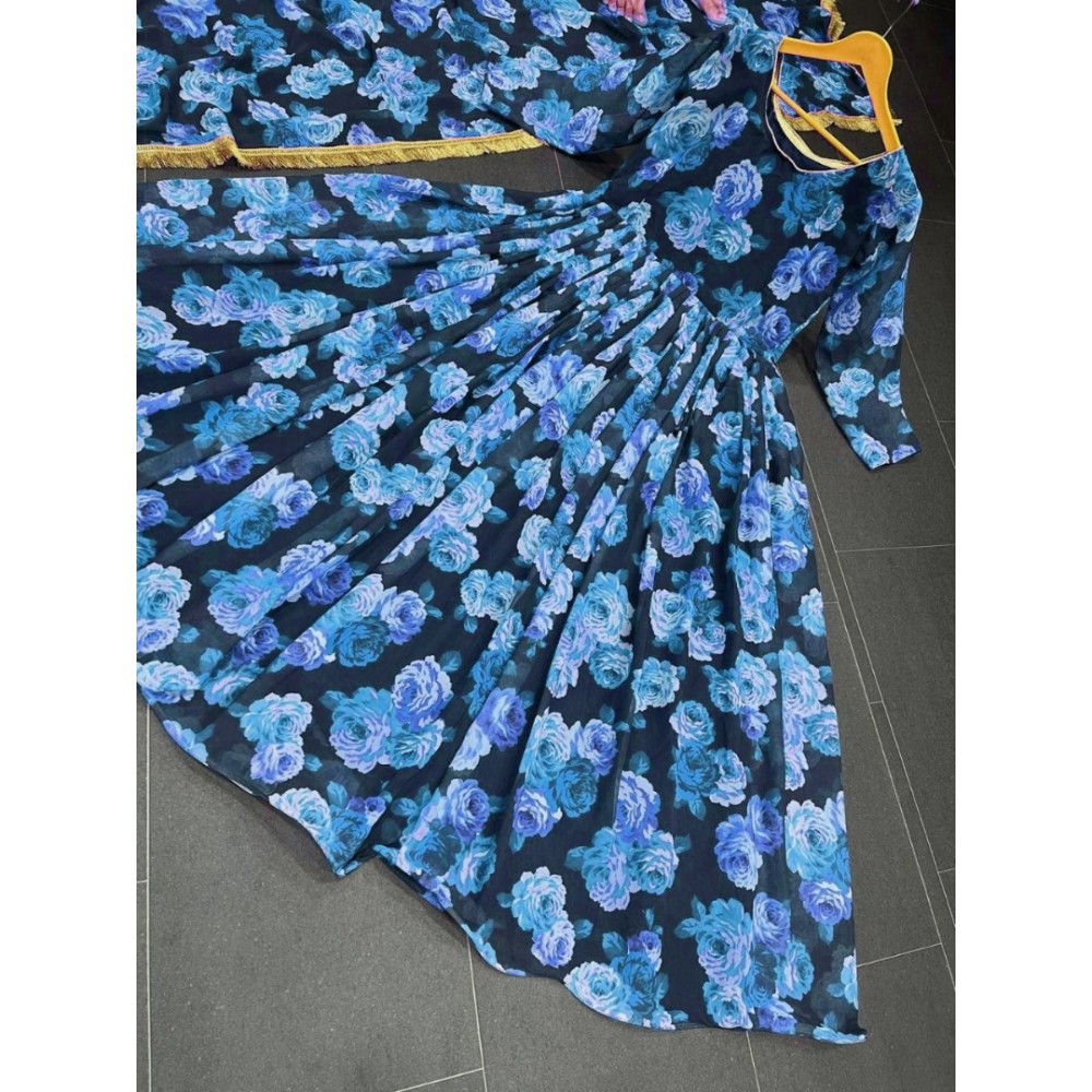 Blue georgette floral printed long anarkali suit