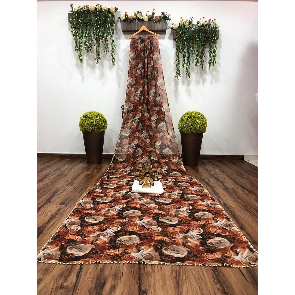 Brown georgette digital floral printed motilace saree