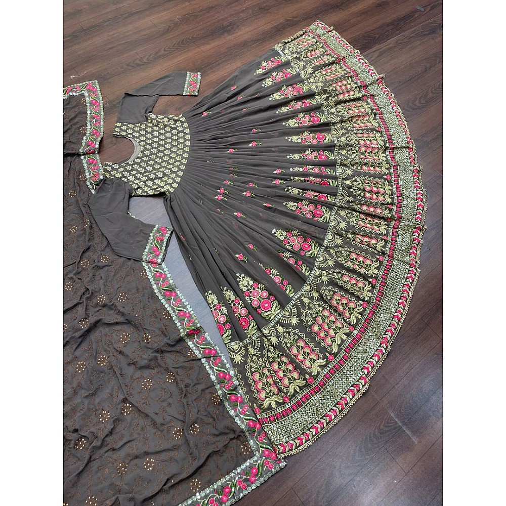 Brown georgette embroidered long anarkali suit