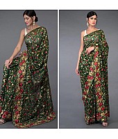 Dark green heavy multi color threadwork ceremonial saree