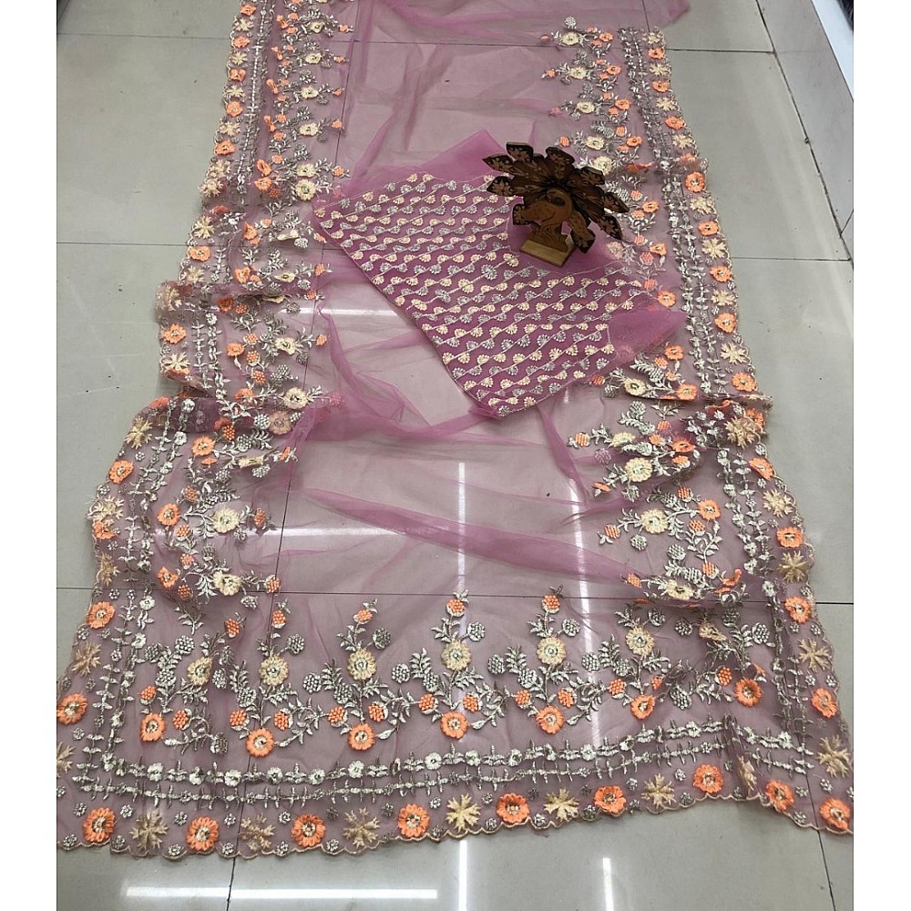 Dusty rose mono net designer embroidered wedding saree
