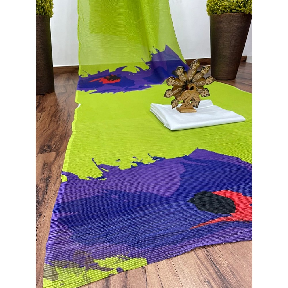 Green and blue georgette printed pleated saree