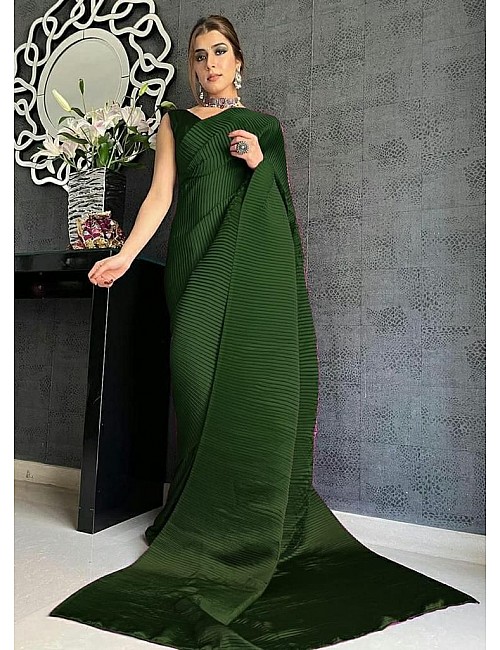 Green georgette pleated partywear saree